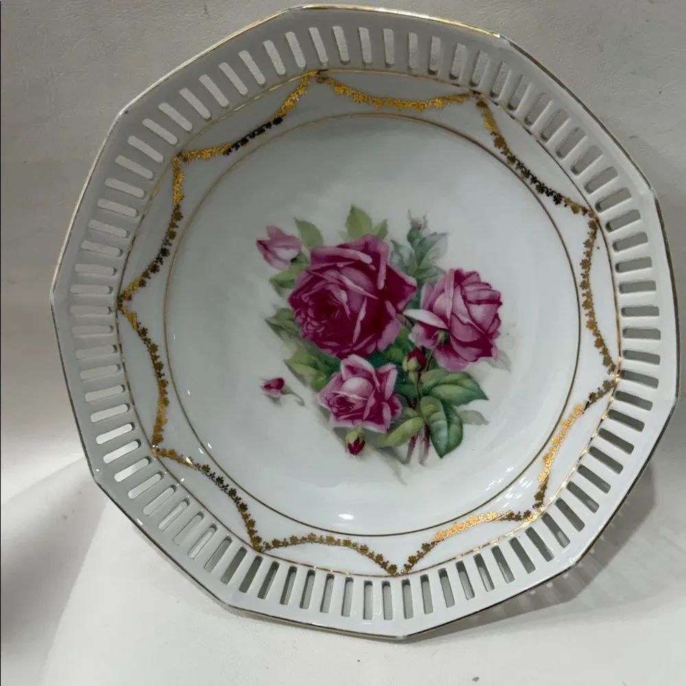 Schumann Bavaria Germany Porcelain Dish White Pink Roses Gold Trim 10 Sided 1950